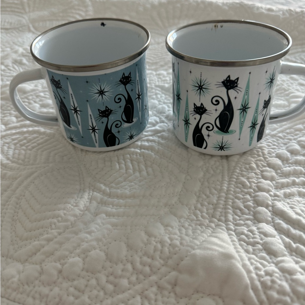 Enamel Atomic Cat Mug  Retro 12oz Vintage Black Cat Coffee Mug Decorative